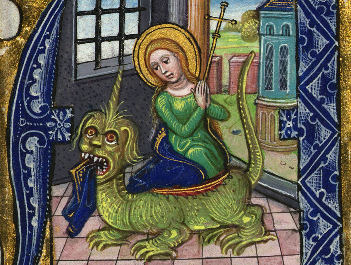 Santa Margarida surt de la panxa del drac, Libro d'Ore (Fiandre, 1450)
