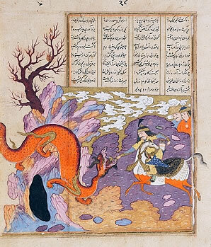L'heroi Gusltasp mata un drac (manuscrit persa, Irán, segle XV)