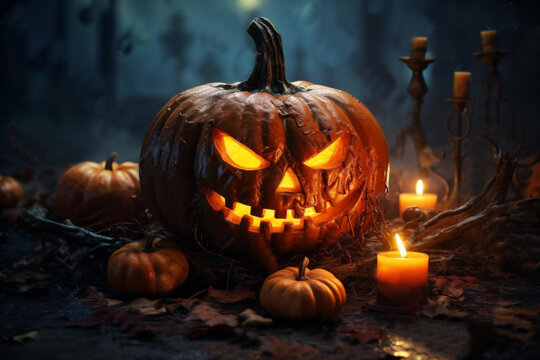 Carbassa terrorífica amb espelma a dins