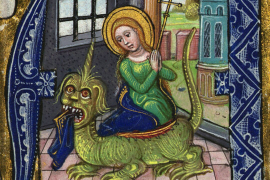 Santa Margarida surt de la panxa del drac, Libro d'Ore (Fiandre, 1450)